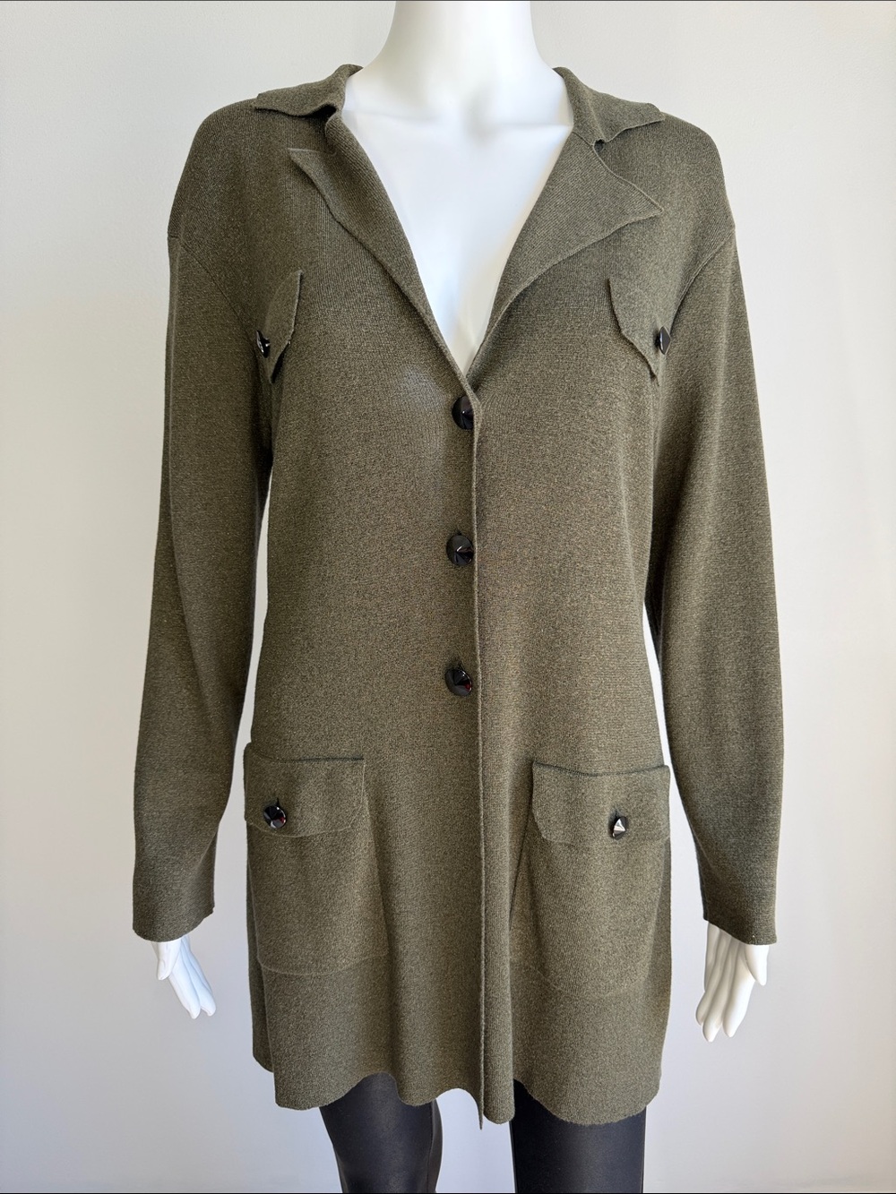 Laurel Metallic Knit Long Cardigan Jacket Size 40 Olive Shimmer